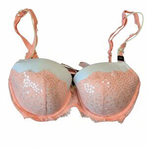 Victoria's Secret Sequin Lace Padded Push-Up Bra NWT Coral Mint 32DD